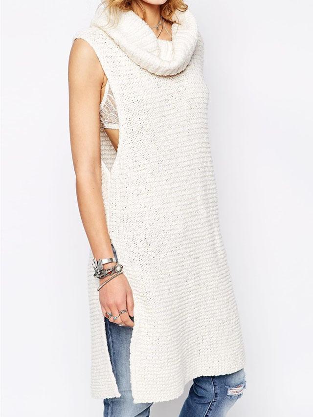 Romwe Turtleneck Split Knit White Sweater