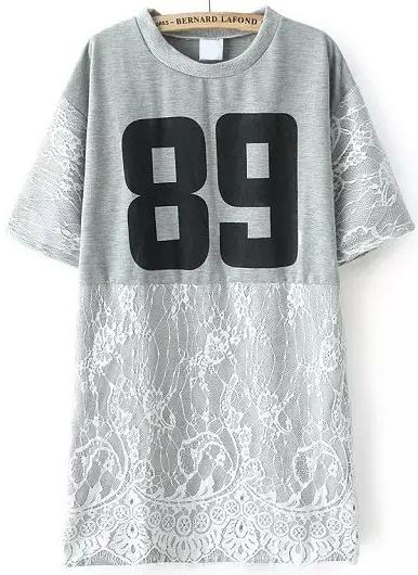 Romwe Number Print Irregular Lace Hem Grey T-shirt