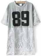 Romwe Number Print Irregular Lace Hem Grey T-shirt