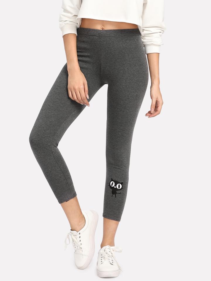 Romwe Cat Print Skinny Crop Leggings