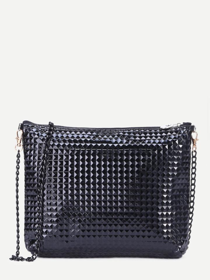 Romwe Black Geometric Embossed Pu Chain Bag