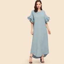 Romwe Tiered Pleated Flounce Sleeve Curved Hem Belted Dress