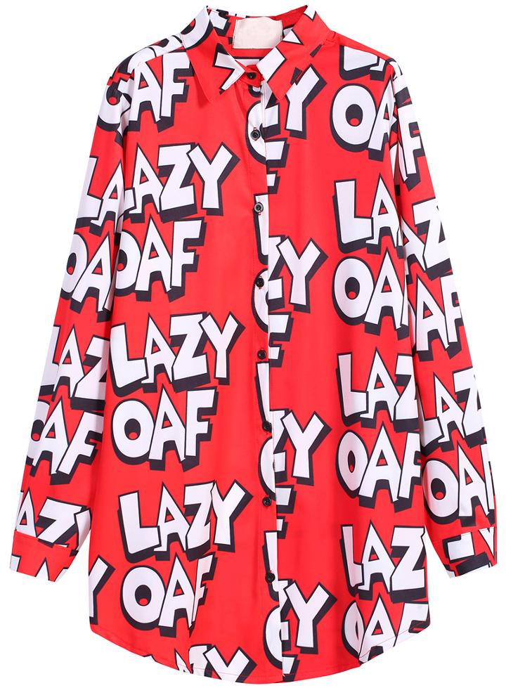 Romwe Letters Print Lapel Loose Blouse