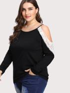 Romwe Contrast Lace Cold Shoulder Tee