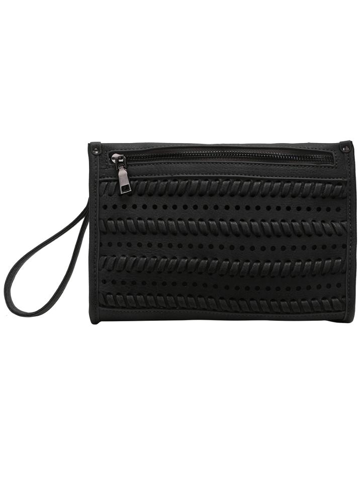 Romwe Black Pu Braided Eyelet Zipper Bag