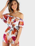 Romwe Palm Leaf Print Layered Knot Front Open Back Playsuit
