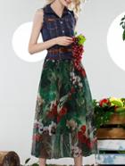 Romwe Multicolor Contrast Denim Belted Print Dress