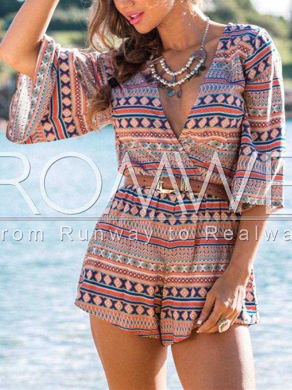 Romwe Coffee Half Sleeve V Neck Tribal Print Playsuit