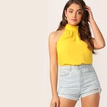 Romwe Frilled Halterneck Buttoned Keyhole Back Top