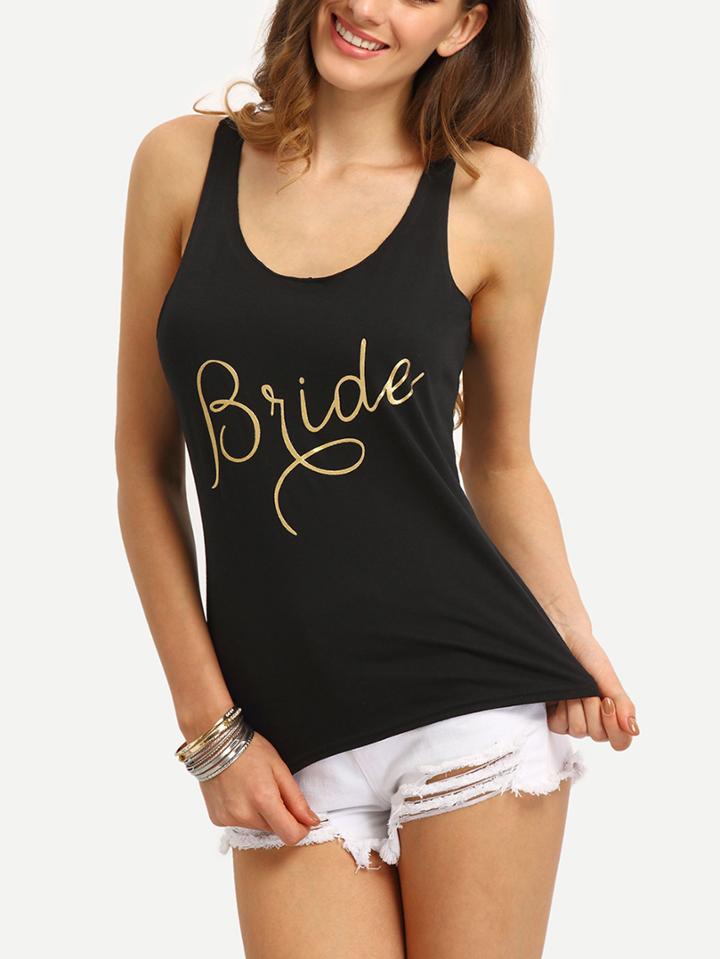 Romwe Letter Print Racerback Tank Top - Black
