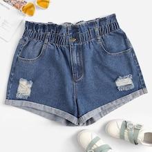 Romwe Plus Ruffle Waist Ripped Detail Denim Shorts