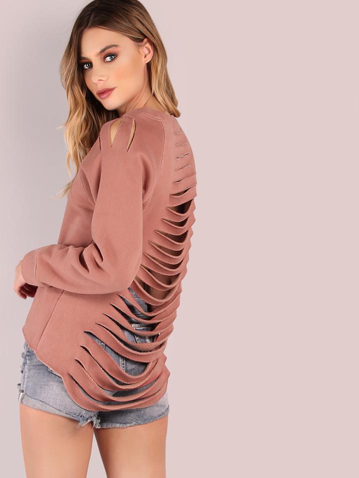 Romwe Shredded Back Soft Jersey Knit Sweatshirt Mauve