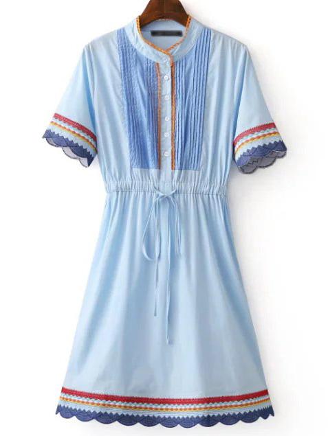 Romwe Blue Embroidery Button Tie Waist Dress