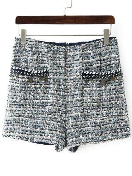 Romwe Women Zipper Blue Shorts With Pockets