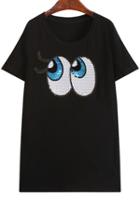 Romwe With Sequined Eye Pattern Black T-shirt