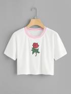 Romwe Striped Neck Floral Patch  Tee
