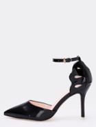 Romwe Black Patent Cutout Pointed Toe Ankle Strap Pumps