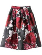 Romwe Multicolor Floral Print Pleated Flare Skirt