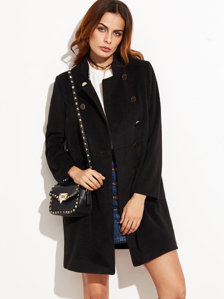 Romwe Black Stand Collar Double Breasted Coat