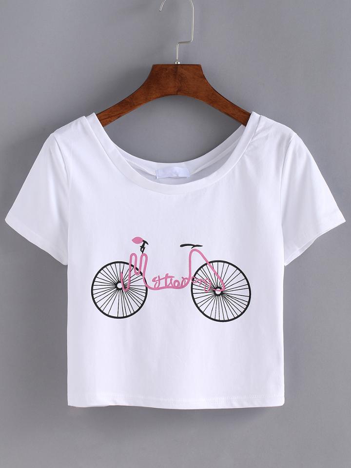 Romwe Bicyle Print Crop T-shirt
