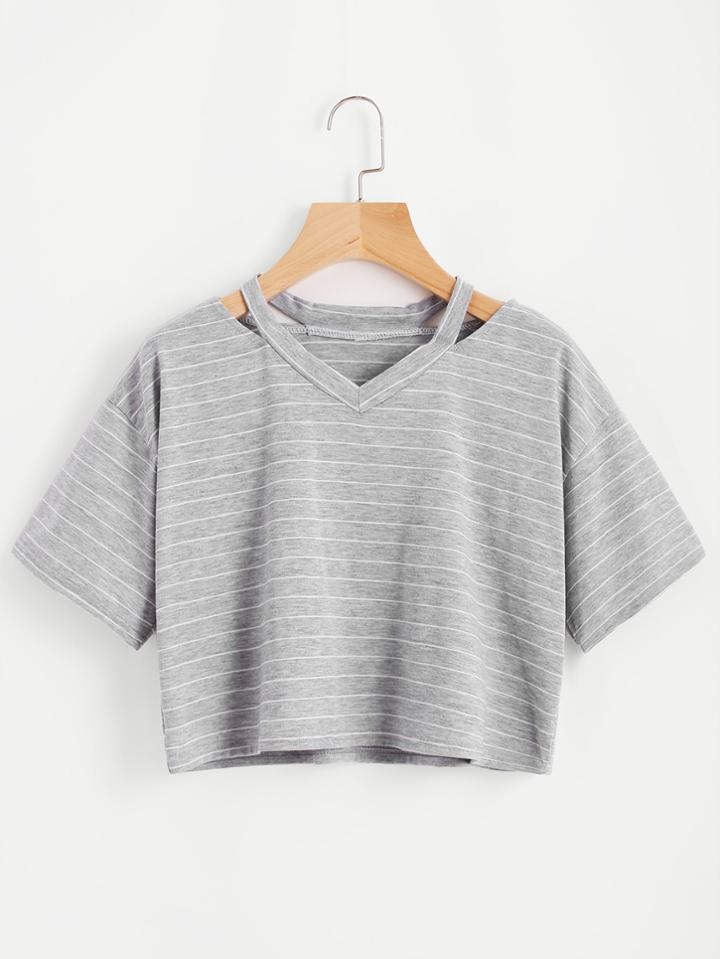 Romwe Cut Out Neck Striped Crop Tee