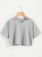 Romwe Cut Out Neck Striped Crop Tee