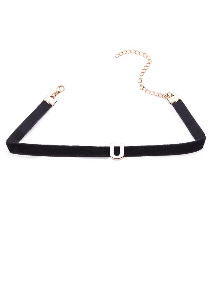 Romwe Black Velvet Metal Letter Minimalist Choker Necklace