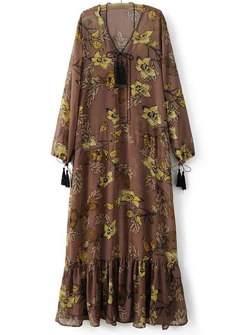 Romwe Coffee Tie Neck Tassels Flowers Print Maxi Dress