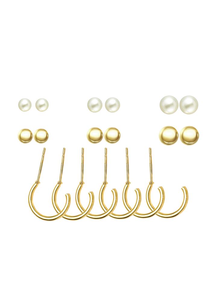 Romwe Gold Plated Faux Pearl Geo Earring Set