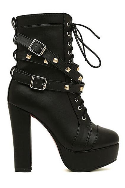 Romwe Rivets Shoelace Black High Heels