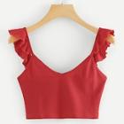 Romwe Solid Frill Trim Crop Top