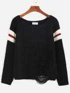 Romwe Black Sleeve Striped Ripped Sweater