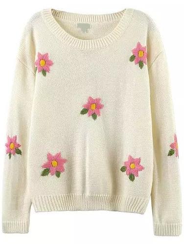 Romwe Round Neck Crochet Beige Sweater