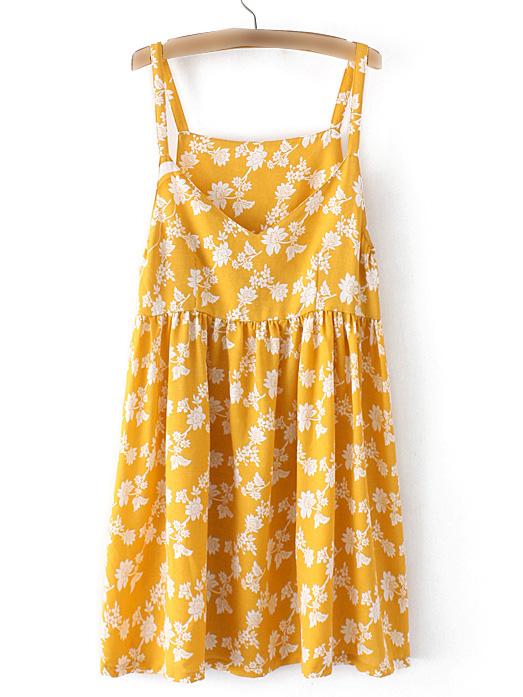 Romwe Ginger V Neck Floral Printed Pleated Dress