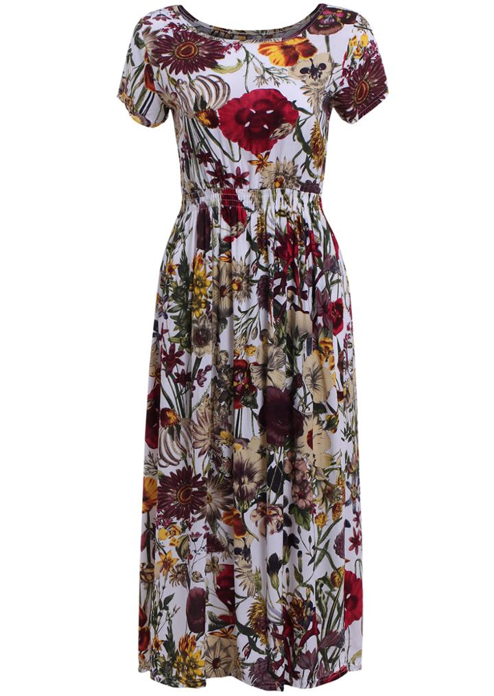 Romwe Short Sleeve Florals Pleated Dress