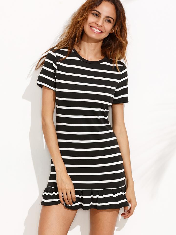 Romwe Black Striped Ruffle Hem Tee Dress