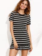 Romwe Black Striped Ruffle Hem Tee Dress