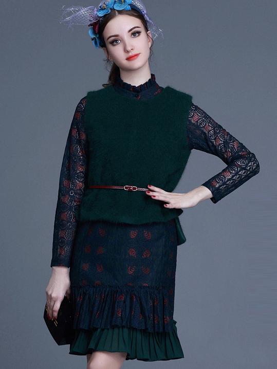 Romwe Army Green Round Neck Long Sleeve Drawstring Two Pieces Dress