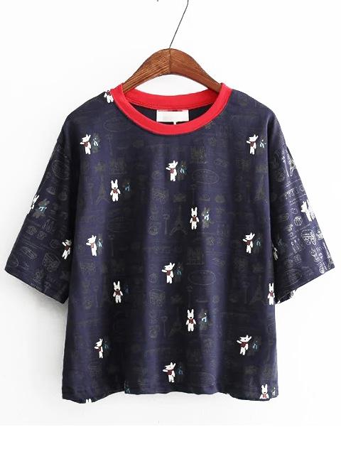 Romwe Rabbit Print Navy T-shirt