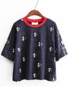Romwe Rabbit Print Navy T-shirt
