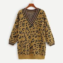 Romwe Striped Trim Leopard Sweater