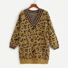 Romwe Striped Trim Leopard Sweater