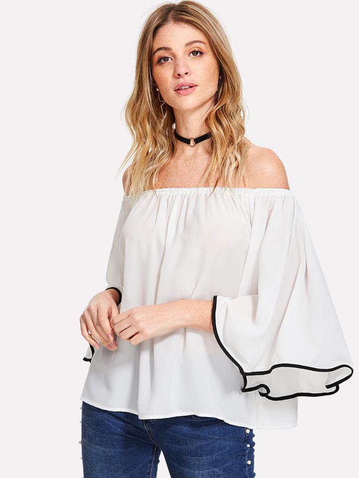Romwe Contrast Binding Bell Sleeve Bardot Top