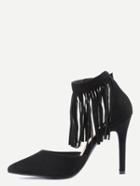 Romwe Black Fringe Ankle Cuff Pointed Toe Heels
