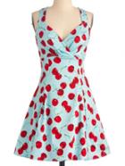 Romwe Blue Cherry Print Vintage Sweetheart Neckline Dress