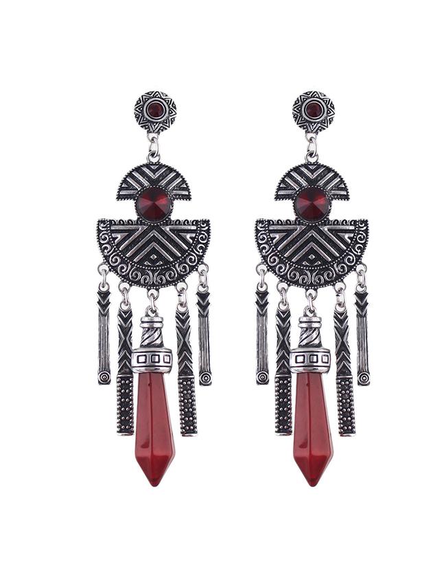 Romwe Vintage Design Imitation Gemstone Red Hanging Stud Long Earrings
