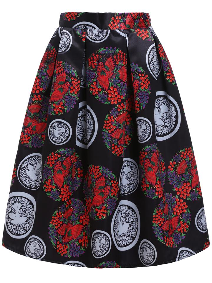 Romwe Bird Print Flare Skirt