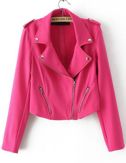 Romwe Oblique Zipper Epaulet Crop Rose Red Jacket