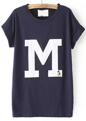 Romwe M Mickey Embroidered Navy T-shirt