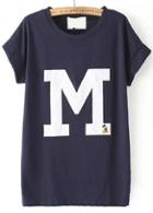 Romwe M Mickey Embroidered Navy T-shirt